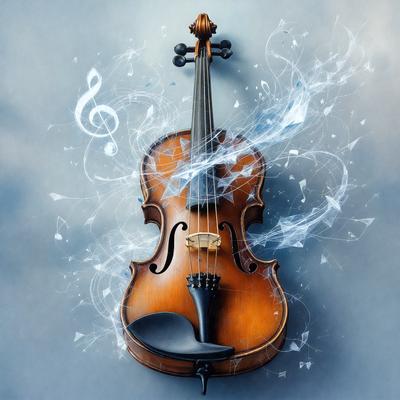 The primary subject of the image is a violin, which is the main object, scene, or focus of the image. The violin is placed against a blue background, which adds a contrasting color to the scene. The visual style of the image is a combination of photo and digital art, creating a unique and artistic representation of the violin. The colors and mood of the image are predominantly blue and calm, giving the scene a serene and peaceful atmosphere.